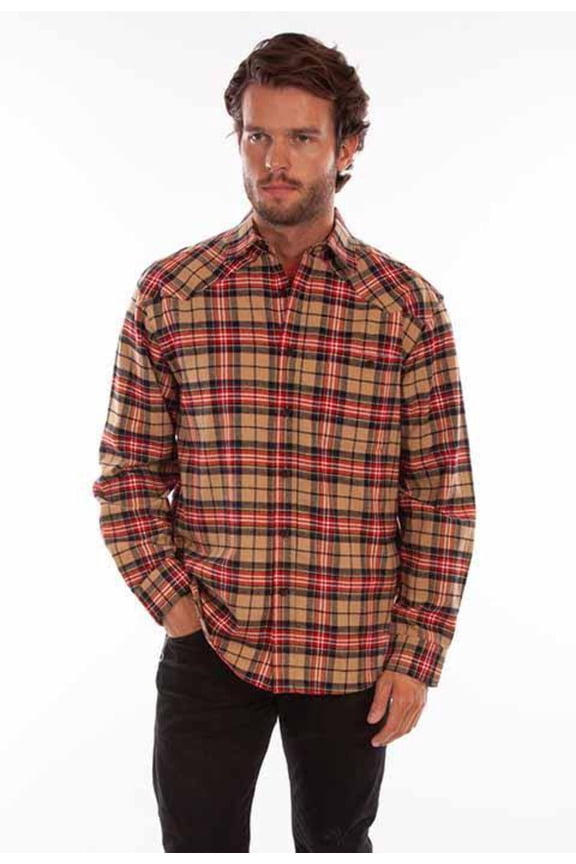 Scully 5343-TAN-S Men Plaid Cotton Flannel Shirt, Tan - Small