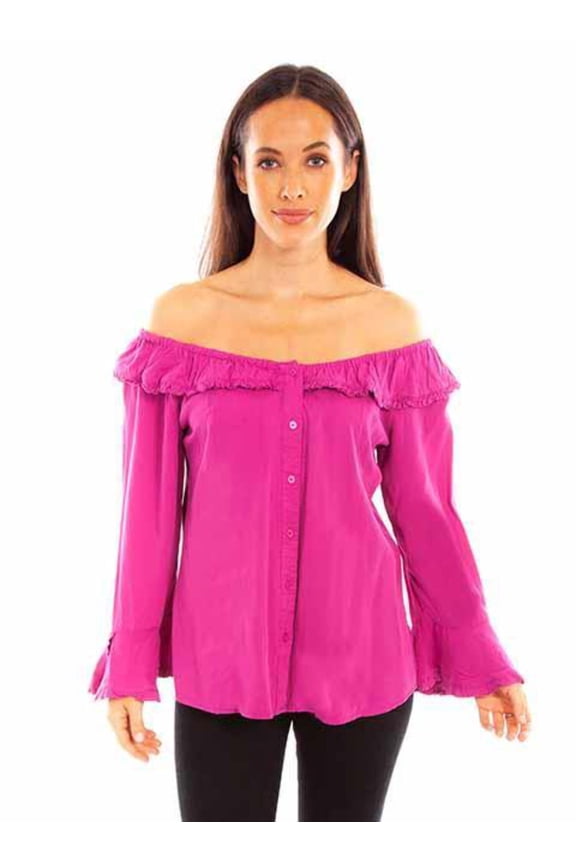 Scully HC579-PIN-S Women Ruffle Off & On Shoulder Blouse, Pink - Small