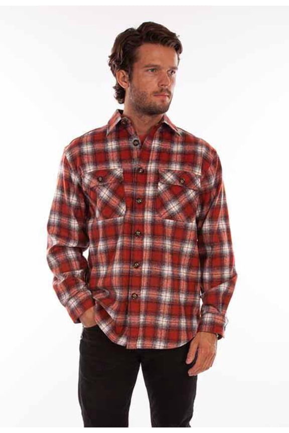 Scully 5339-RBK-M Men Wool Blend Flannel Med Weight Shirt, Rust & Black - Medium