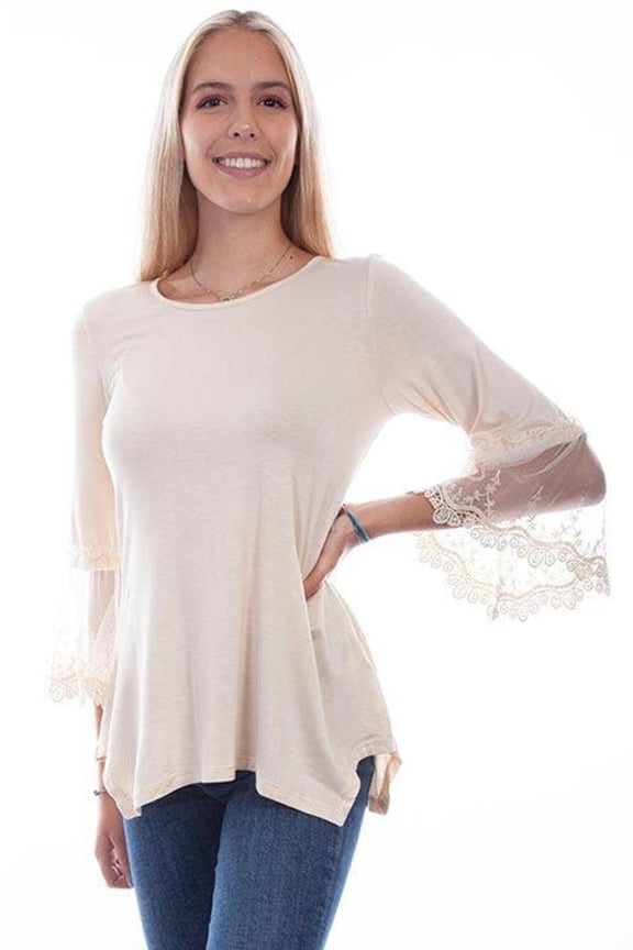 Scully HC757-BEI-L Women Leather Solid Top with Tulle Crochet Sleeves, Beige - Large