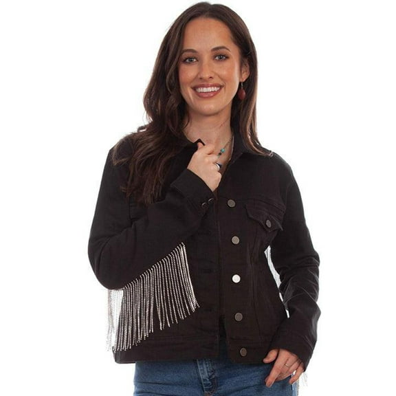 Scully HC792-BLK-L Honey Creek Denim with Rhinestone Fringe Womens Jacket, Black - Large