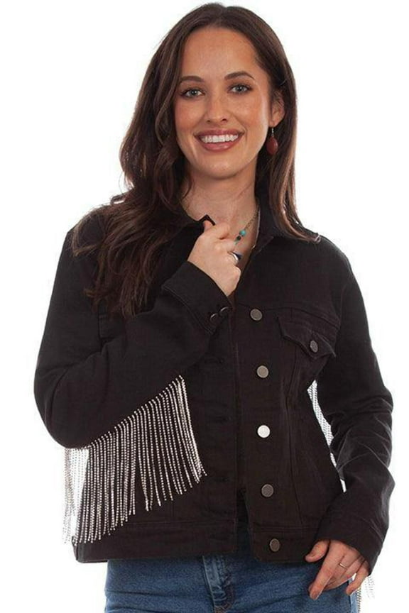 Scully HC792-BLK-L Honey Creek Denim with Rhinestone Fringe Womens Jacket, Black - Large