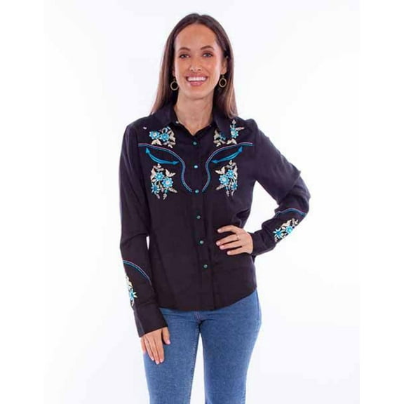 Scully HC870-BLK-XL Women Floral Embroidered Top with Smile Pocket Embroidery, Black - Extra Large