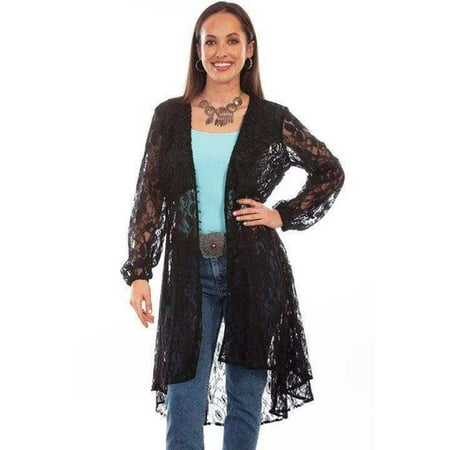 Scully Leather Black Lace Overlay Duster W/Embroidered Bust