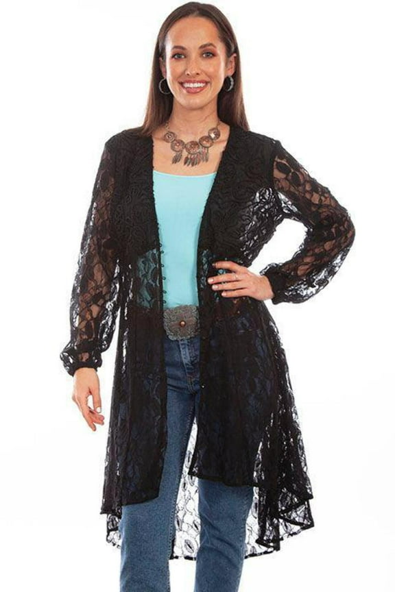 Scully HC736-BLK-M Women Leather Lace Overlay Duster with Embroidered Bust, Black - Medium