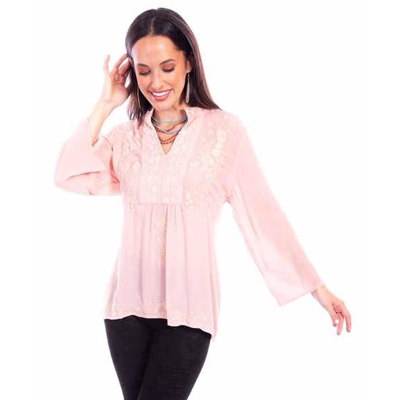 Scully HC878-BLS-XS Women Leather Pullover V Neck Embroidered Long Sleeve Blouse, Blush - Extra Small