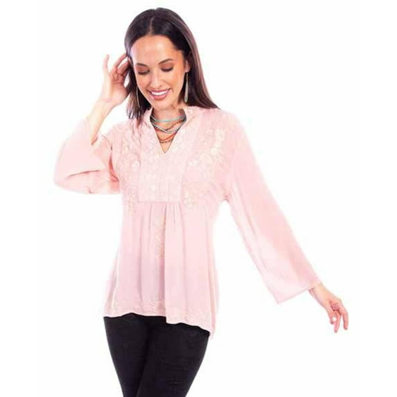 Scully HC878-BLS-M Women Leather Pullover V Neck Embroidered Long Sleeve Blouse, Blush - Medium