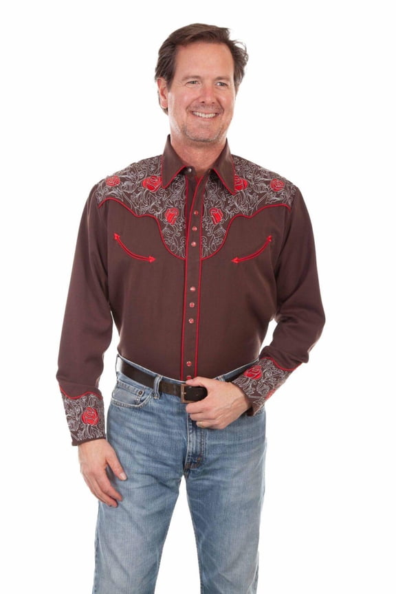 Scully P-897-CHO-L Men Leather Brown Rose Embroidered Stitch Shirt, Chocolate - Large