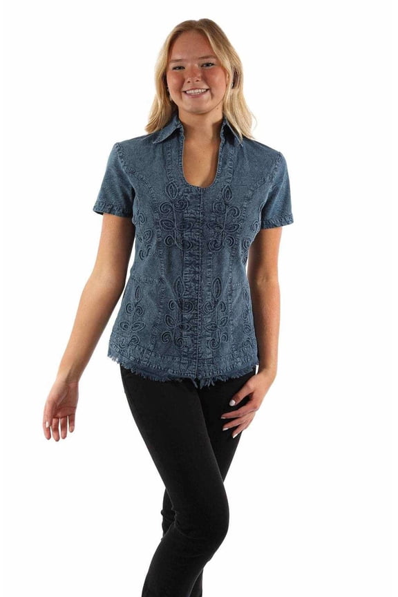 Scully PSL-273-DBL-XS Cantina Short Sleeve Blouse Womens Shirt, Dark Blue - Extra Small