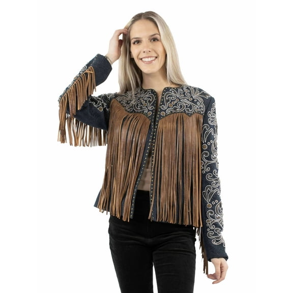 Scully L1073-193-XS Womens Demin Embroidered Floral & Beaded Stud Fringe Leather Jacket, Denim - Extra Small
