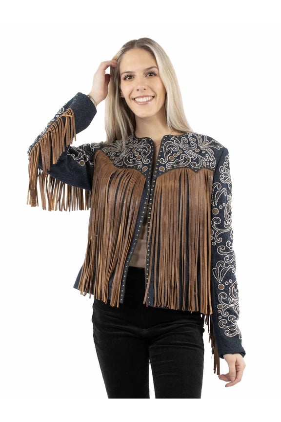 Scully L1073-193-S Womens Demin Embroidered Floral & Beaded Stud Fringe Leather Jacket Indigo Us, Denim - Small