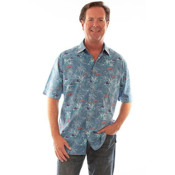 Scully 5311 BLU XXL Mens Cotton Short-Sleeve Shirt with Palm Tree Print, Blue - 2XL