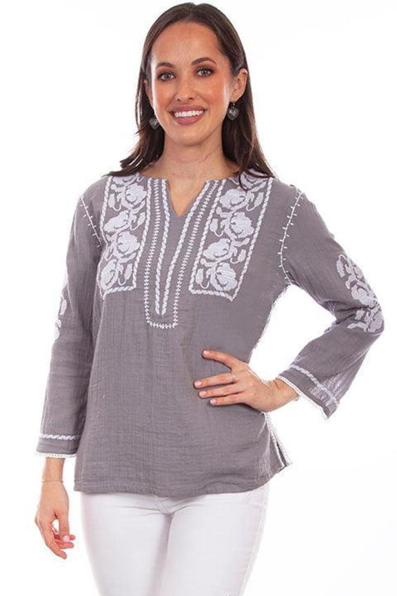 Scully HC825-GRY-M Women Leather Embroidered Blouse with Crochet Trim, Grey - Medium