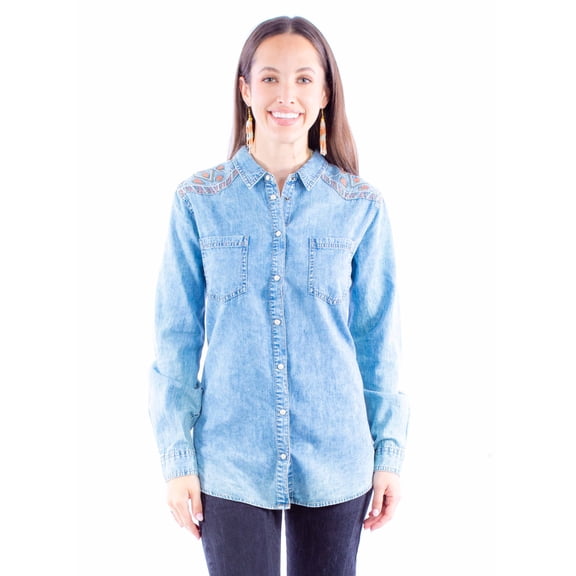 Scully HC914-BLU-M Western Shirt Womens Long Sleeve Acid Wash Denim, Blue - Medium