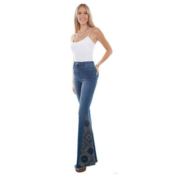 Scully HC782-DEN-12 Women Leather Honey Creek Bandana Print Bell Bottom Pants, Denim - 12
