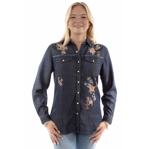 Scully HC942-BLU-XL Womens Embroidered Tencel Top, Blue - Extra Large