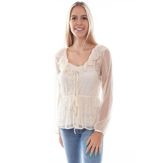 Scully HC747-IVO-S Women Leather Honey Creek Embroidered Mesh Tie Front Blouse, Ivory - Small