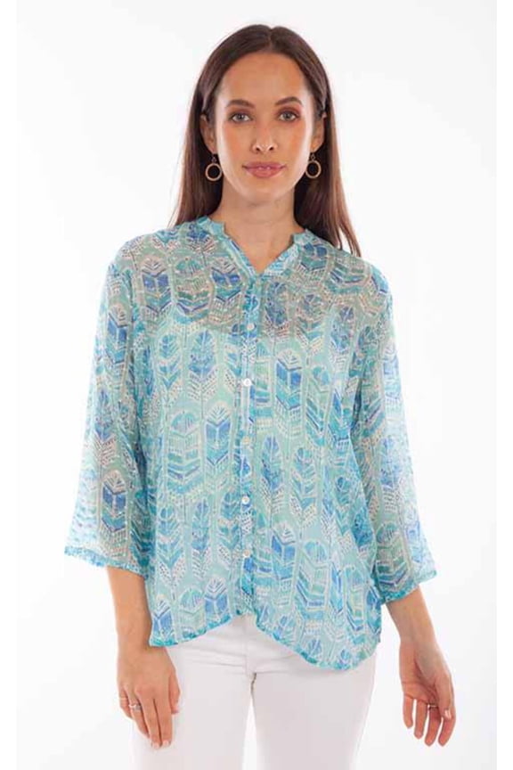 Scully HC890-SKY-M Women Feather Print Textured Blouse, Sky - Medium