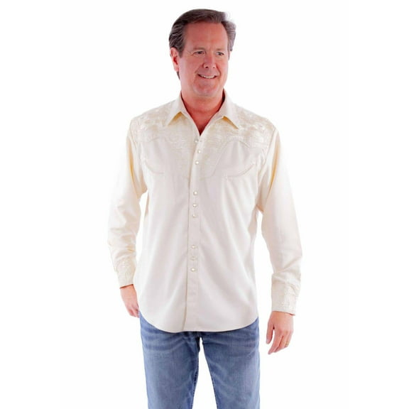 Scully P-634-IVO-L Floral Tooled Embroidery Mens Western Shirt, Ivory - Large
