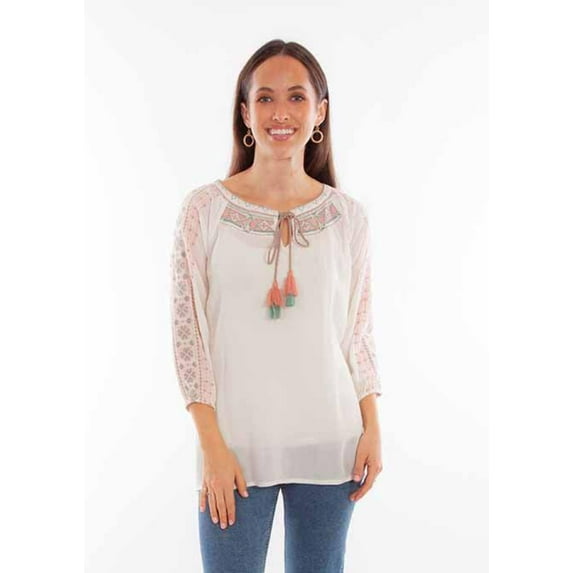 Scully HC880-IVO-L Women Tie Front Pull Over Embroidered Blouse, Ivory - Large