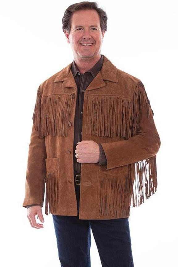 Mens Boar Suede Button Front Fringe Jacket Cinnamon XL