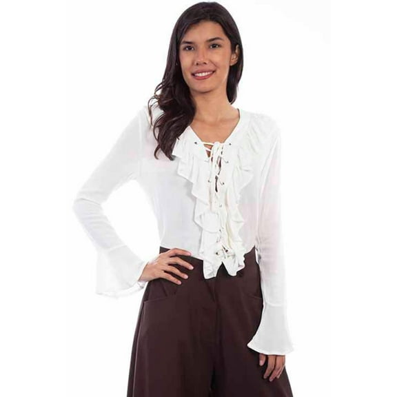 Scully Western Shirt Womens L/S Ruffle Lace Up Front M White F0_RW619