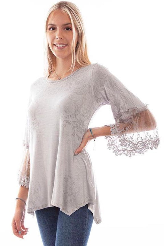 Scully HC756-SIL-S Women Leather Printed Top with Tulle Crochet Sleeve, Silver - Small