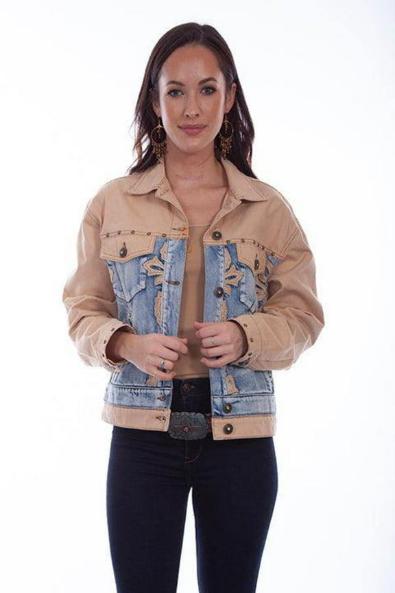 Scully HC686-TAN-M Women Leather Color Block Jacket with Studs, Tan - Medium