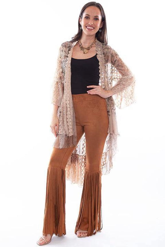 Scully HC754-TAU-S Women Printed Lace Cardigan with Crochet Trim, Taupe - Small