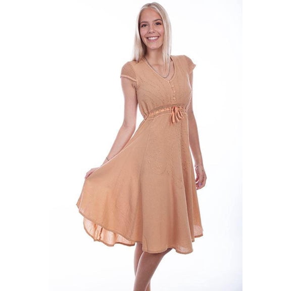 Scully PSL-267-TOA-S Women Leather Crochet Cap Sleeve Dress, Toast - Small