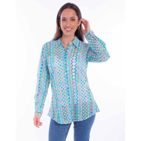 Scully HC897-TUR-S Women Long Sleeve Eyelet Button, Turquoise - Small