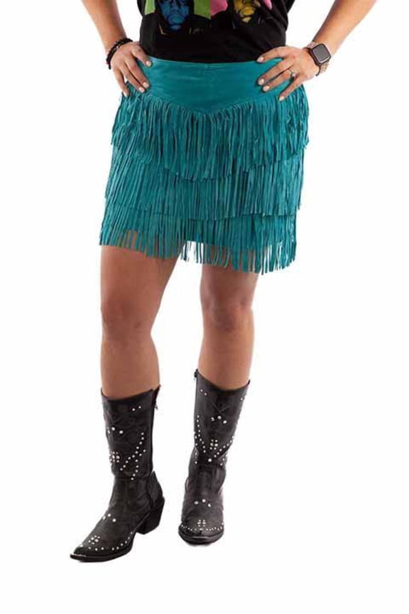 Scully L704-123-XL Leather Women Fringe Skirt, Turquoise - Extra Large