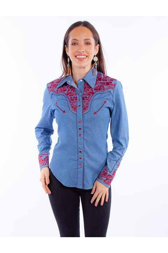 Scully PL-654-BCN-XL Floral Tooled Embroidery Womens Western Shirt, Blue & Cranberry - Extra Large