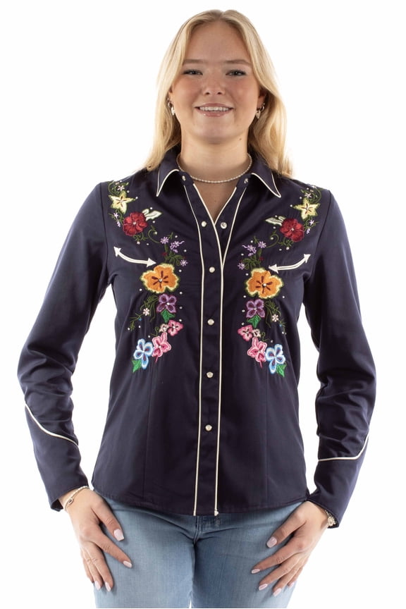 Scully PL-899-NAV-XXL Bright Floral Embroidery Womens Western Shirt, Navy - 2XL