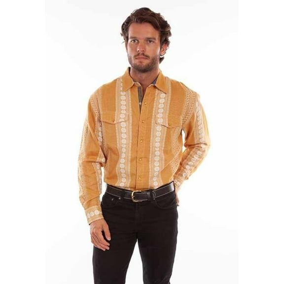 Scully PS-320-MUS-L Leather Western Jacquard Mens Shirt, Mustard - Large