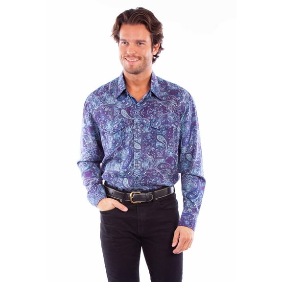 Scully PS-328-IND-L Mens Leather Western Paisley Print Tencel Shirt - Large