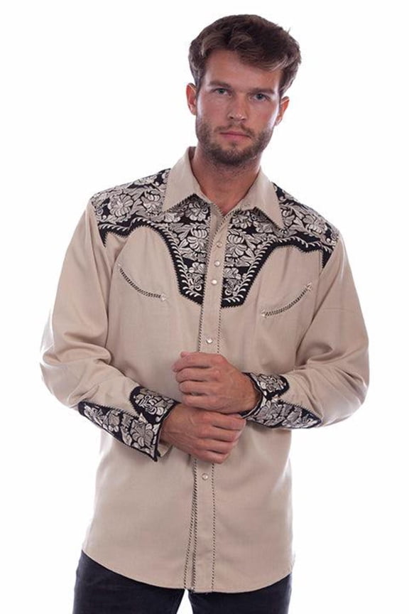 Scully Men's Floral Tooled Embroidered Long Sleeve Western Pearl Snap Shirt Tan XX-
