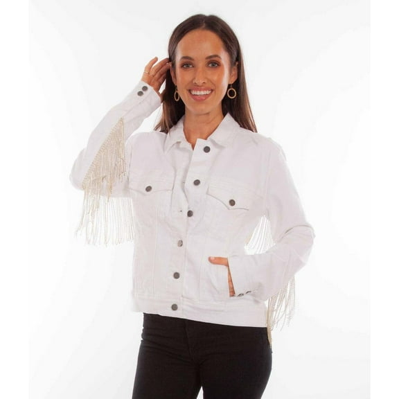 Scully HC792-WHT-XS Honey Creek Denim with Rhinestone Fringe Womens Jacket, White - Extra Small