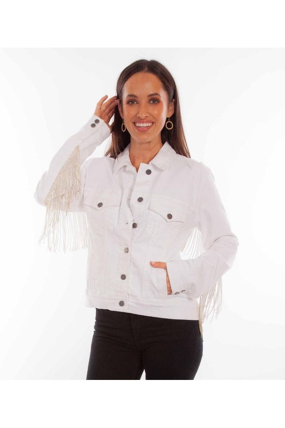Scully HC792-WHT-XS Honey Creek Denim with Rhinestone Fringe Womens Jacket, White - Extra Small