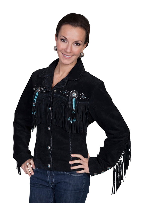 Womens Beaded Fringe Conchos Boar Suede Jacket Black 2X