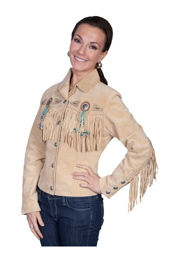 Womens Beaded Fringe Conchos Boar Suede Jacket Chamois XL