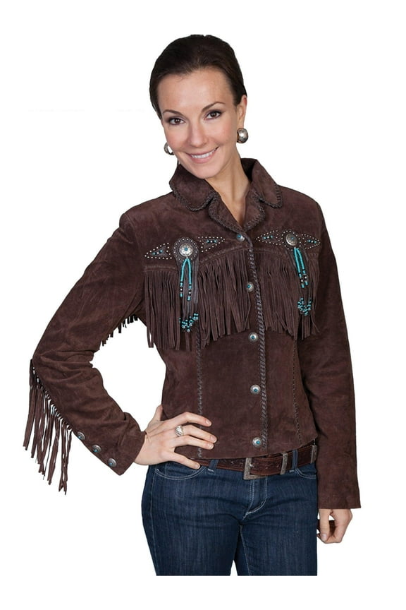 Womens Beaded Fringe Conchos Boar Suede Jacket Chocolate XL
