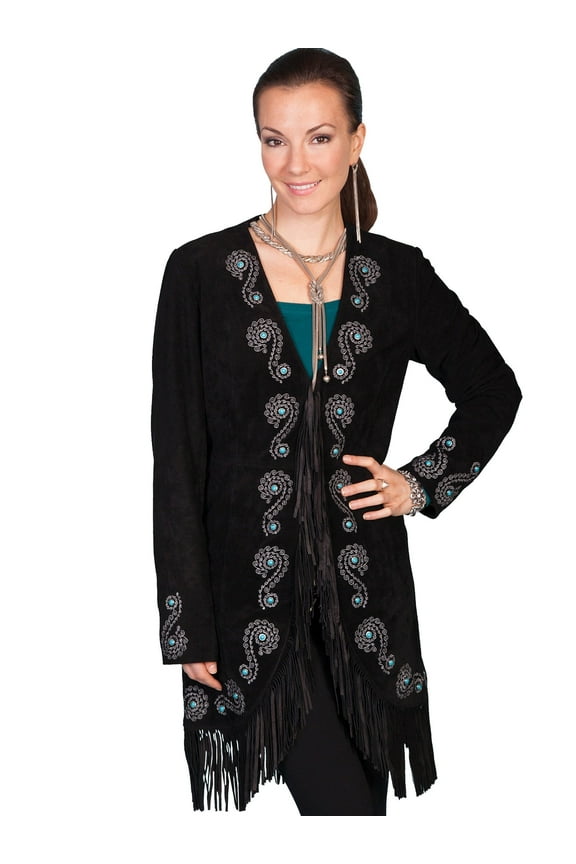 Womens Fringe Silver Stitch Studded Boar Suede Jacket Black XXL