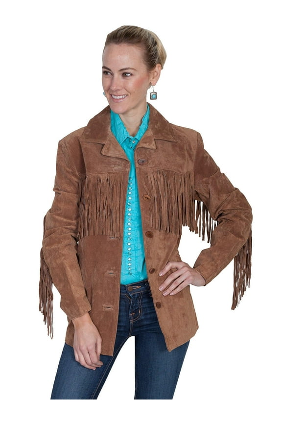 Womens Fringe Yokes Sleeves Suede Jacket Cinnamon L