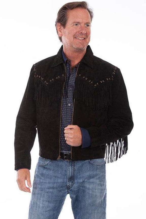 Mens Black Boar Suede Western Fringe Jacket L