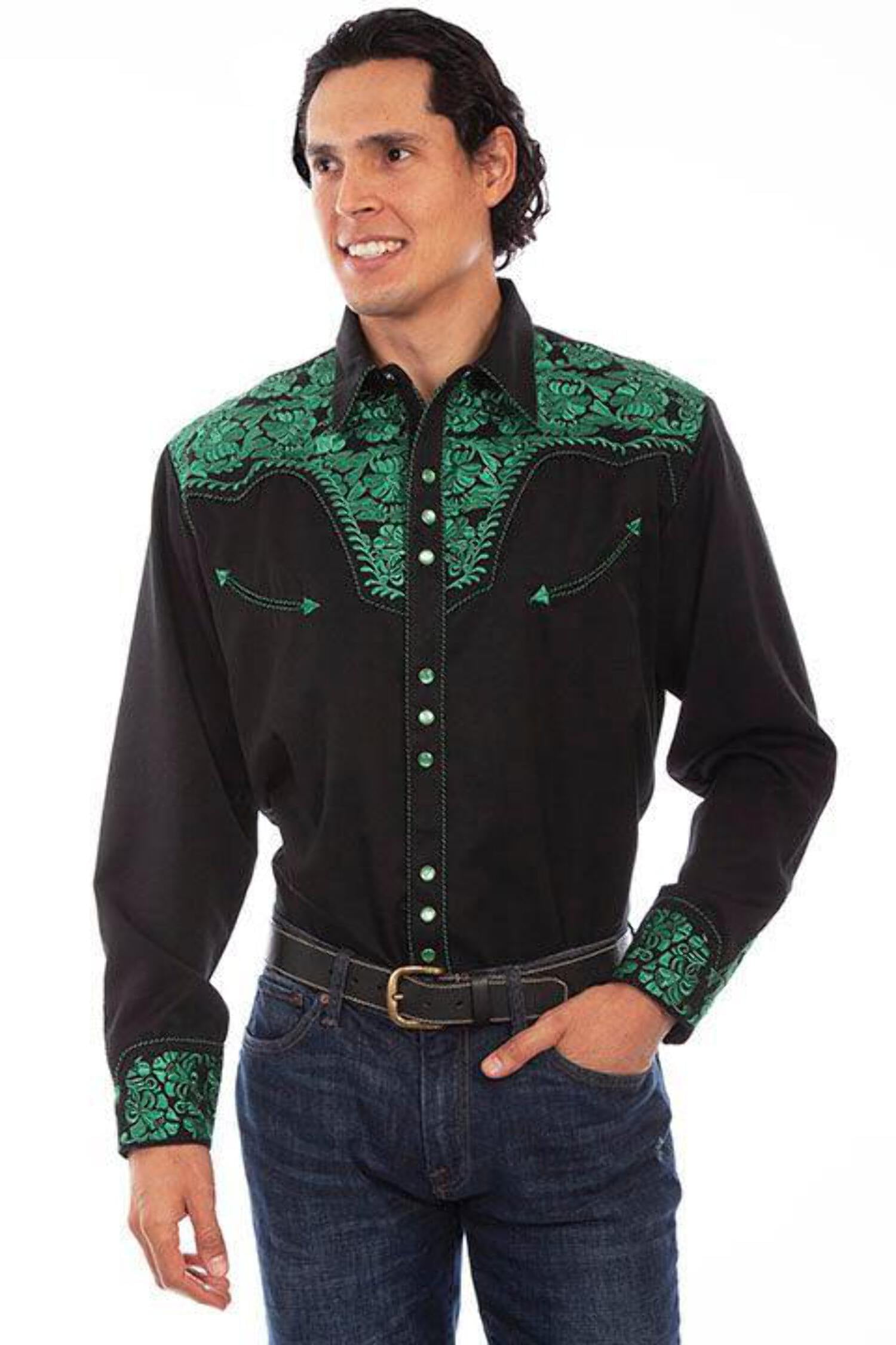 Scully P-634-EMR-M Floral Tooled Embroidery Mens Western Shirt, Emerald ...