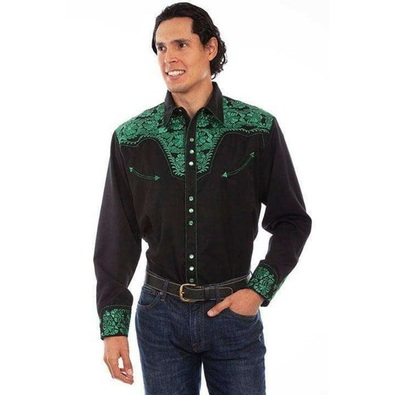 Scully P-634-EMR-XL Floral Tooled Embroidery Mens Western Shirt, Emerald - Extra Large