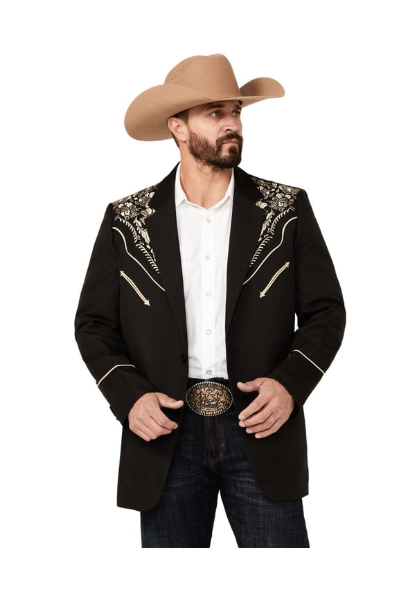 Scully P-916-BGD-40 Men Floral Embroidered Blazer, Black & Gold - 40