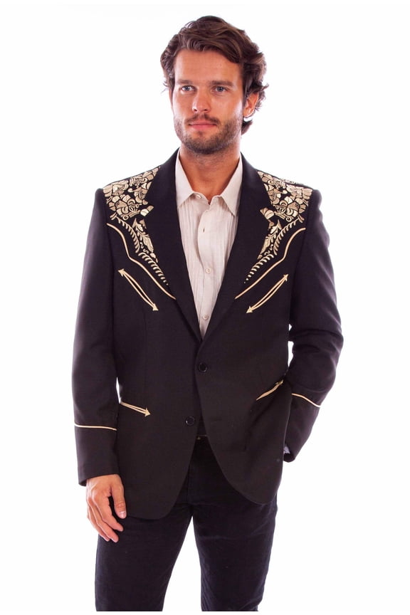 Scully P-916-BGD-44 Men Floral Embroidered Blazer, Black & Gold - 44