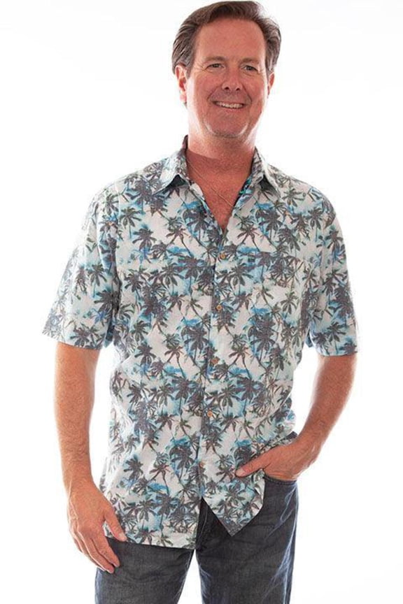 Scully 5316-WTQ-L Mens Palm Tree Floral Print Short Sleeve Button Shirt, White & Turquoise - Large